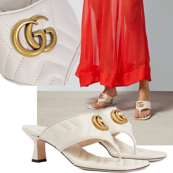 GUCCI SHOES DOUBLE G MARMONT LOGO WHITE QUILTED THONG SANDALS - Picture 1 of 15